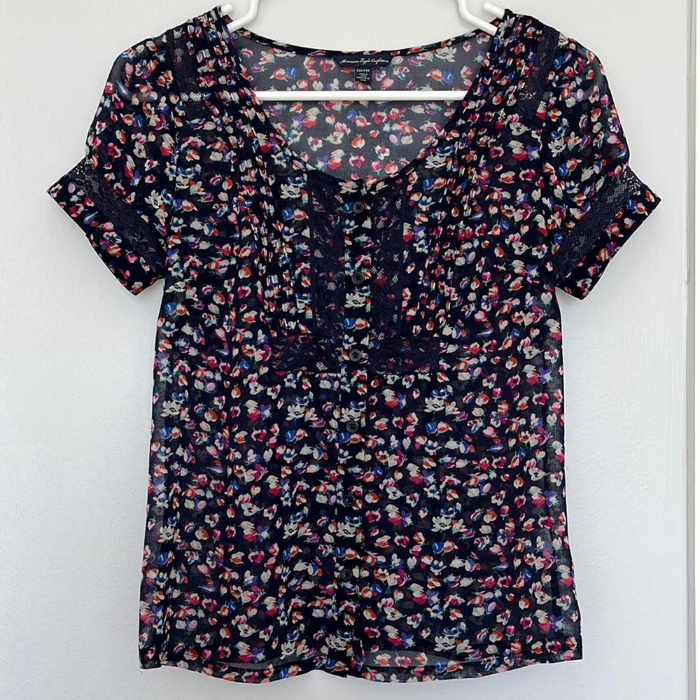 Vintage American Eagle Outfitters Sheer Navy Floral Top in XXS